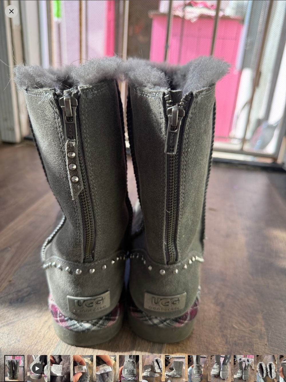 UGG PRELOVED! Gray Suede Zip-Back Shearling Boots with Plaid Trim